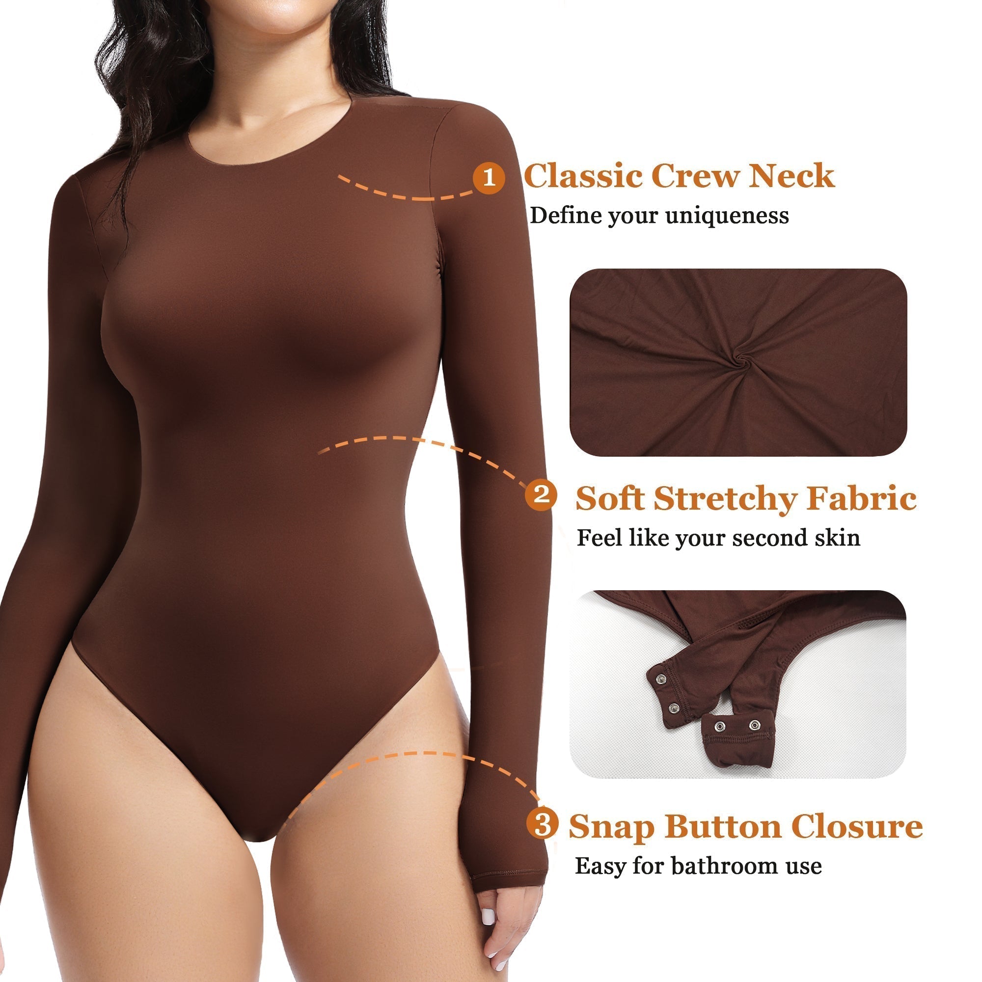 YIANNA Long Sleeve Bodysuit for Women Crew Neck Second-skin Feel Thong Body Suits Tops