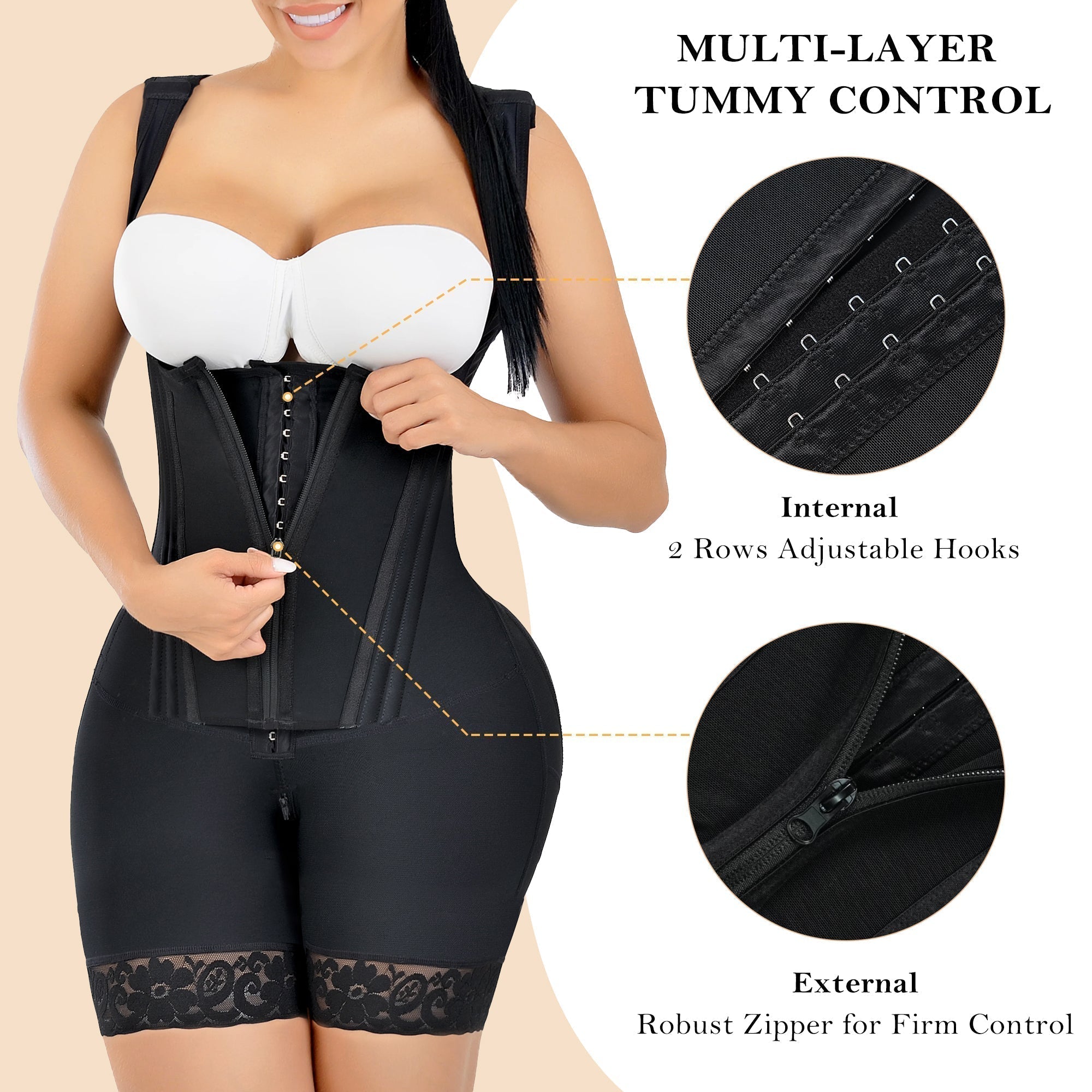 YIANNA Fajas Colombianas Postpartum Shapewear for Women Tummy Control Butt Lifter Body Shaper with Zipper and Hooks