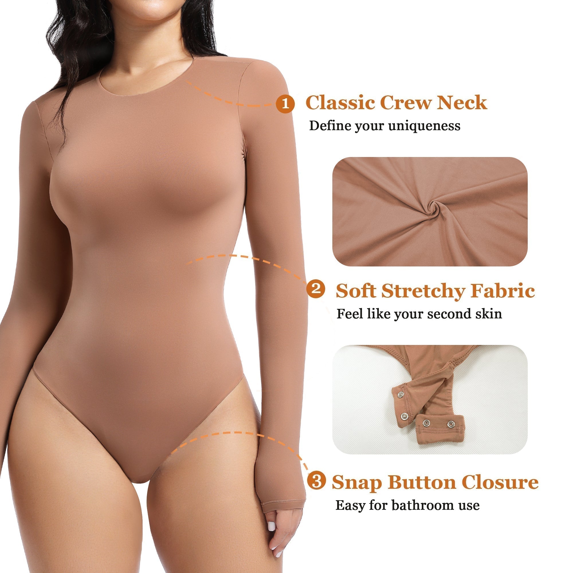 YIANNA Long Sleeve Bodysuit for Women Crew Neck Second-skin Feel Thong Body Suits Tops